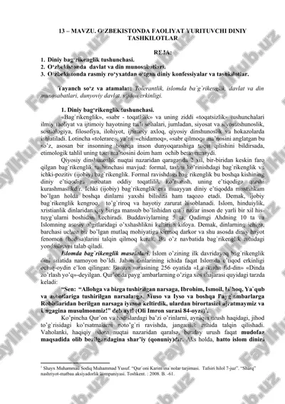 o‘zbekistonda faoliyat yurituvchi diniy tashkilotlar — DOCX