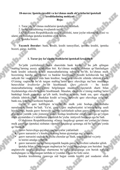 turar-joy ko'chmas mulklarini ipotekali kreditlash — DOCX