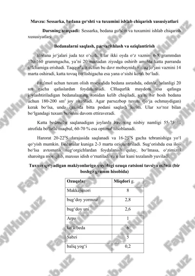 sessarka, bedana go‘shti va tuxumini ishlab chiqarish xususiyatlari — DOCX