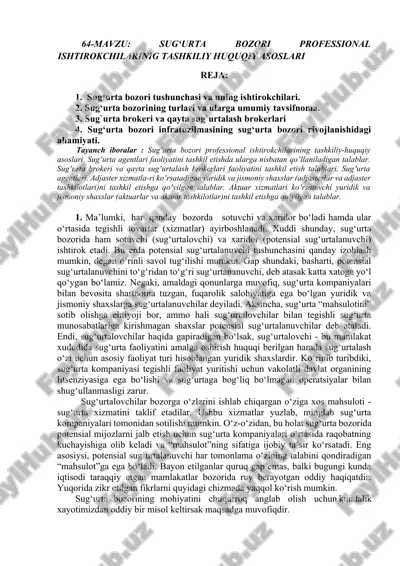 sug‘urta bozori professional ishtirokchilarining tashkiliy-huquqiy asoslari — DOCX
