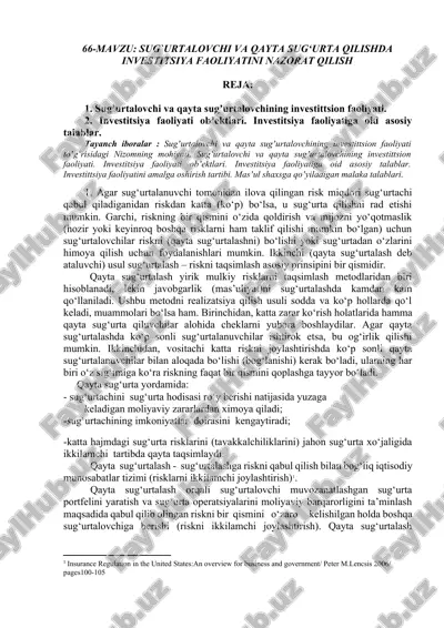 sug`urtalovchi va qayta sug‘urta qilishda investitsiya faoliyatini nazorat qilish — DOCX