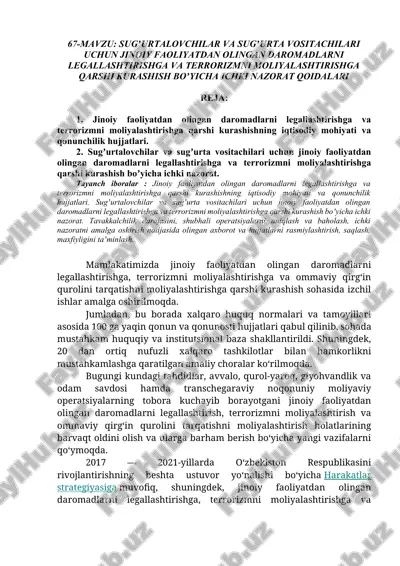 jinoiy faoliyatdan olingan daromadlarni legallashtirishga va terrorizmni moliyalashtirishga qarshi kurashish boʼyicha ichki nazorat — DOCX
