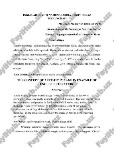 ingliz adabiyoti namunalarida badiiy obraz tushunchasi — DOCX