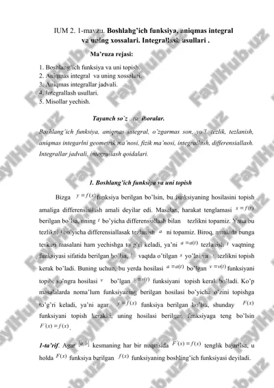 boshlang’ich funksiya, aniqmas integral va uning xossalari — DOCX