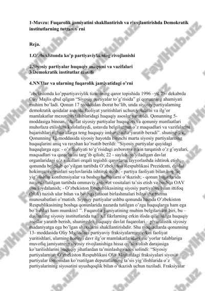 siyosiy partiyalar huquqiy maqomi va vazifalari — DOCX