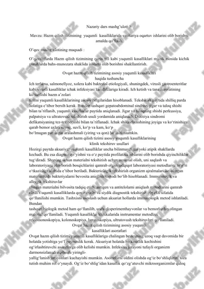 hazm qilish tizimining yuqumli kasalliklarida sanitariya oqartuv ishlarini olib borishni amalda qo’llash — DOCX