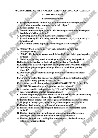 uchuvchisizuchishapparatlar va global navigatsion tizimlar fanidan nazorat test savollari — DOCX
