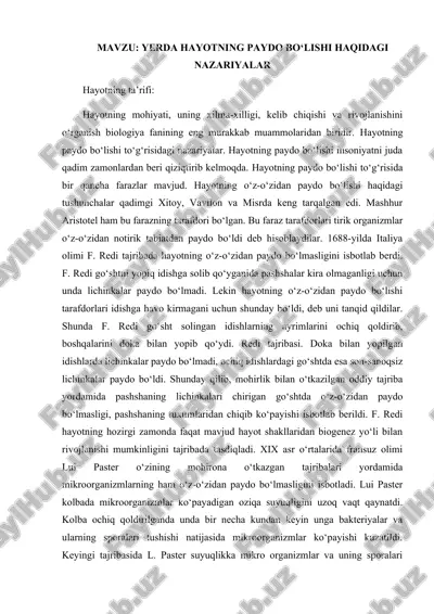 yerda hayotning paydo bo‘lishi haqidagi nazariyalar — DOCX