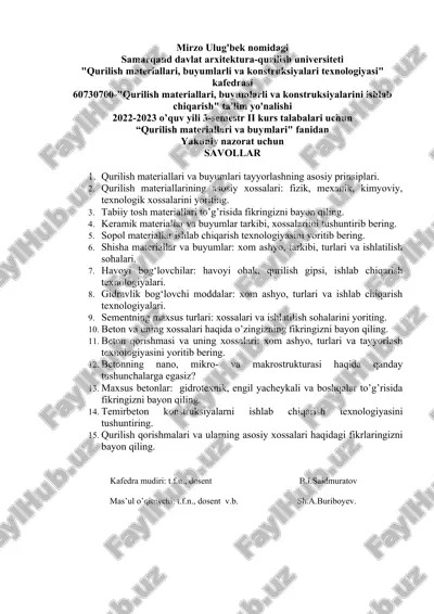qurilish materiallari, buyumlarli va konstruksiyalari texnologiyasi — DOCX
