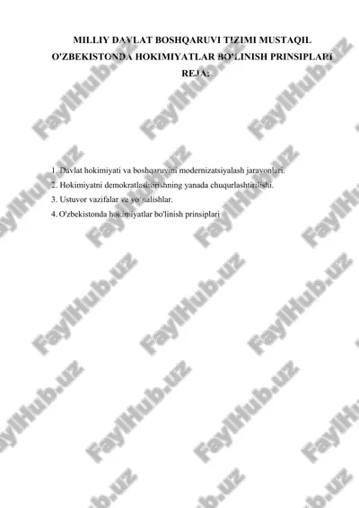milliy davlat boshqaruvi tizimi mustaqil o'zbekistonda hokimiyatlar bo'linish prinsiplari — DOCX