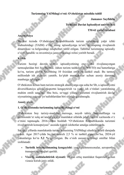 o‘zbekiston misolida turizmning yaimdagi o‘rni: o‘zbekiston misolida tahlil — DOCX