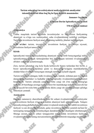 turizm sohasidagi investitsiyalarni moliyalashtirish amaliyotini takomillashtirish — DOCX