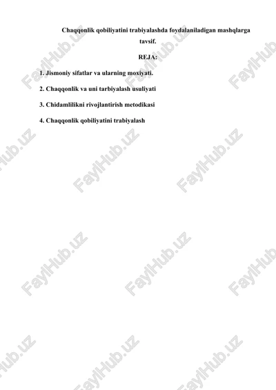 chaqqonlik qobiliyatini trabiyalashda foydalaniladigan mashqlarga tavsif. — DOCX