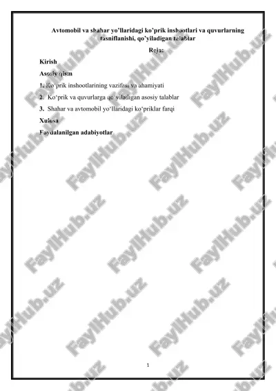 ko‘prik inshootlari va quvurlarning tasniflanishi — DOCX