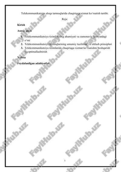 telekommunikatsiya tarmoqlarida chaqiriqqa xizmat ko‘rsatish tartibi — DOCX