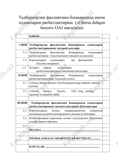 тадбиркорлик фаолиятини бошқаришда ишчи ходимларни рағбатлантириш  («chorsu dehqon bozori» oaj мисолида) — DOCX
