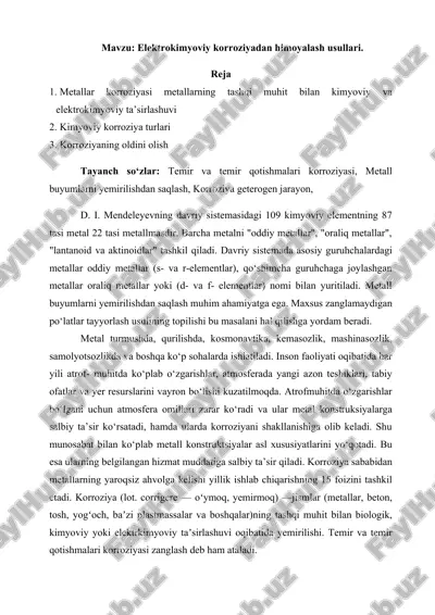elektrokimyoviy korroziyadan himoyalash usullari referat — DOCX
