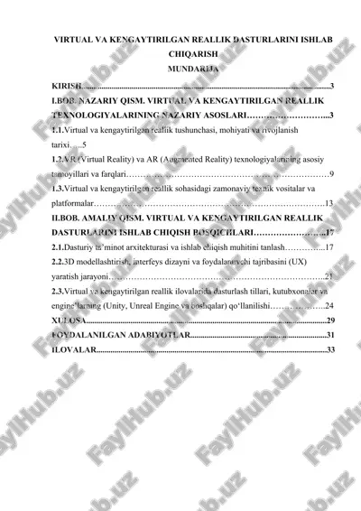 virtual va kengaytirilgan reallik dasturlarini ishlab chiqarish — DOCX
