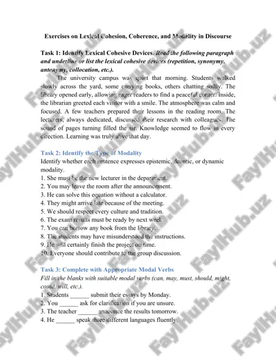 exercises on lexical cohesion, coherence, and modality in discourse — DOCX