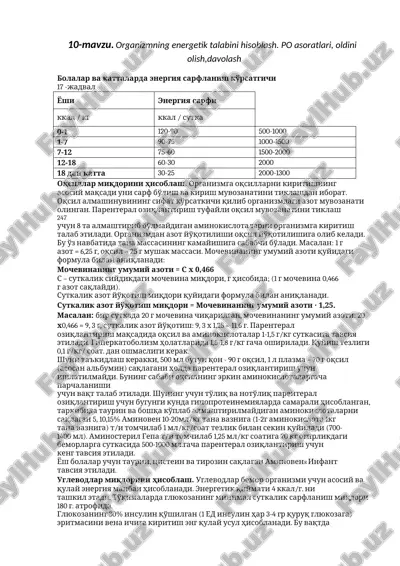 organizmning energetik talabini hisoblash — DOCX