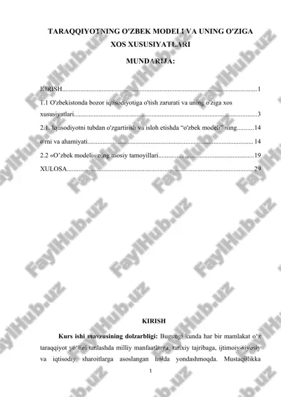 taraqqiyotning o'zbek modeli va uning o'ziga xos xususiyatlari — DOCX