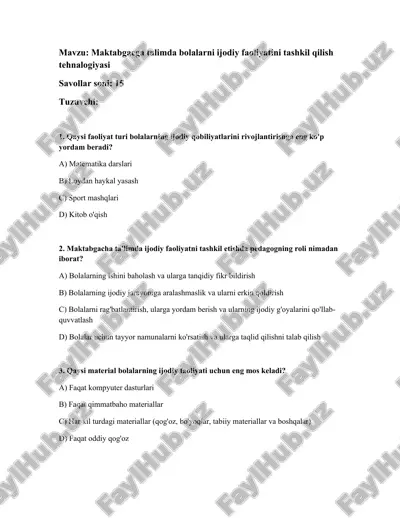 maktabgacga talimda bolalarni ijodiy faoliyatini tashkil qilish tehnologiyasi — DOCX