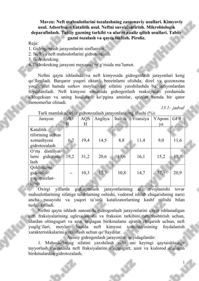 neft mahsulotlarini tozalashning zamonaviy usullari. kimyoviy usul. adsorbsion katalitik usul. neftni suvsizlantirish. mikrobiologik deparafinlash. — DOCX