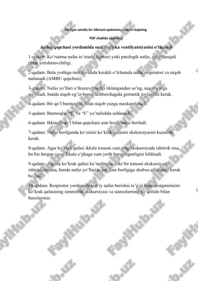 ambu qopchasi yordamida sunʼiy oʼpka ventilyatsiyasini oʼtkazish — DOCX