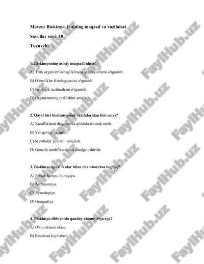 biokimyo fanining maqzad va vazifalari — DOCX