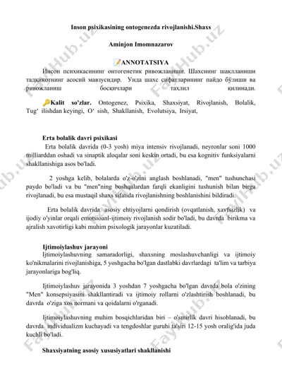 inson psixikasining ontogenezda rivojlanishi — DOCX