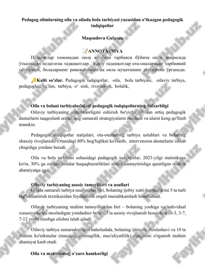 pedagog olimlarning oila va oilada bola tarbiyasi yuzasidan o'tkazgan pedagogik tadqiqotlar — DOCX