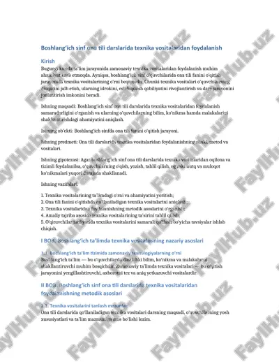 boshlang‘ich sinf ona tili darslarida texnika vositalaridan foydalanish — DOCX