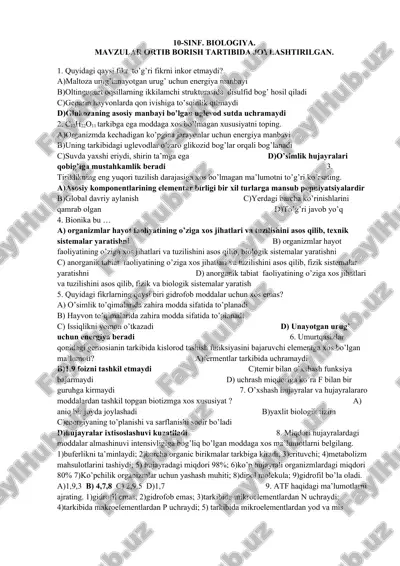 10-sinf biologiya test — DOCX