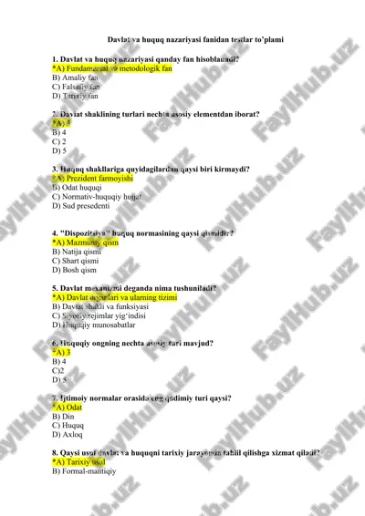 davlat va huquq nazariyasi fanidan testlar to'plami — DOCX