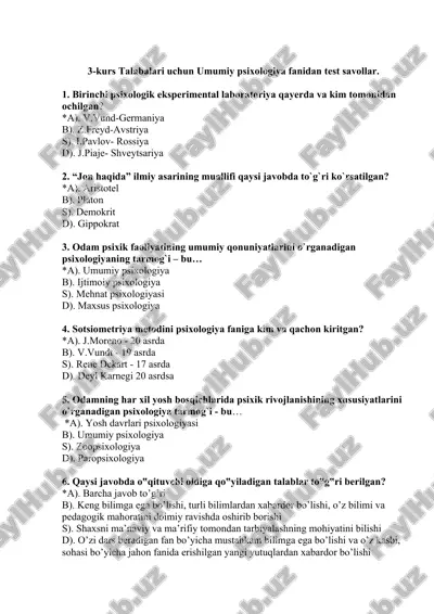 umumiy psixologiya fanidan test savollar — DOCX