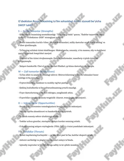 o‘zbekiston respublikasining ta’lim sohasidagi davlat siyosati bo‘yicha swot tahlili — DOCX