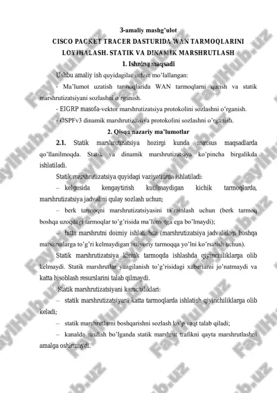 cisco packet tracer dasturida wan tarmoqlarini loyihalash — PDF