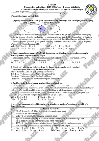 umumta’lim maktabining 2023-2024-o‘quv yili uchun tarix fanini o‘zlashtirish darajasini aniqlash testi — PDF