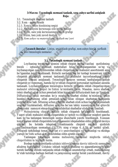 texnologik sxemani tanlash, xom ashyo sarfini aniqlash — PDF
