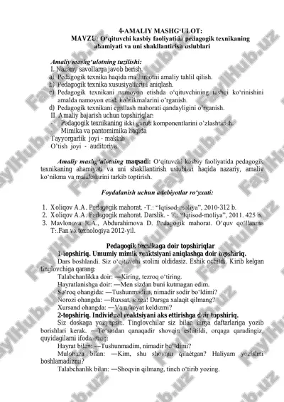 o‘qituvchi kasbiy faoliyatida redagogik texnikaning ahamiyati va uni shakllantirish uslublari — PDF