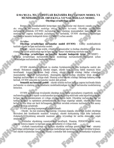 obyektga yo'naltirilgan ma'lumotlar modeli (oymm) — PDF