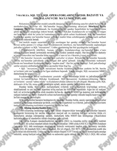 sql tili. sql operatorlarini yozish. bazaviy va foydalanuvchi ma’lumot tiplari — PDF