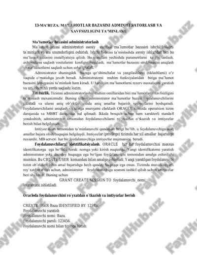 ma'lumotlar bazasini administratorlash va xavfsizligini ta'minlash — PDF