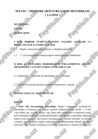miqdorlarni oʻrganish metodikasi 1-2-sinf — DOCX