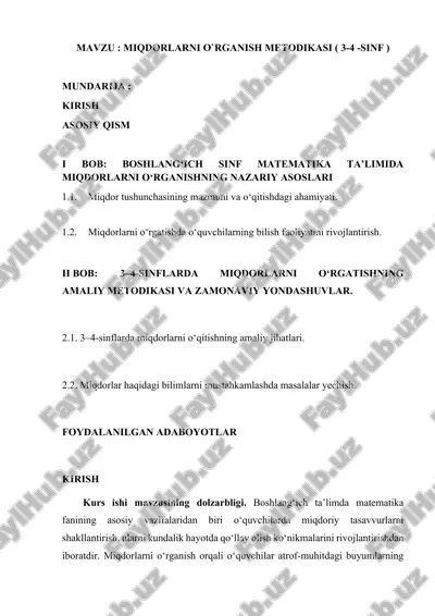 miqdorlarni oʻrganish metodikasi 3-4--sinf — DOCX