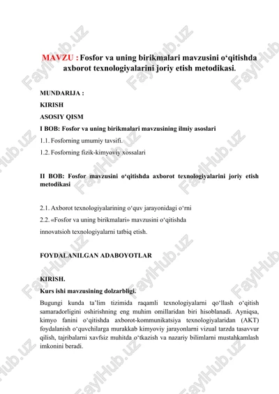fosfor va uning birikmalari mavzusini oʻqitishda axborot texnologiyalarini joriy etish metodikasi — DOCX