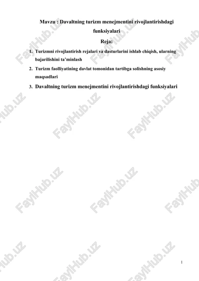 davaltning turizm menejmentini rivojlantirishdagi funksiyalari — DOCX