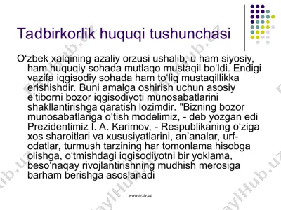 tadbirkorlik huquqi tushunchasi, uning asosiy tamoyillari — PPT