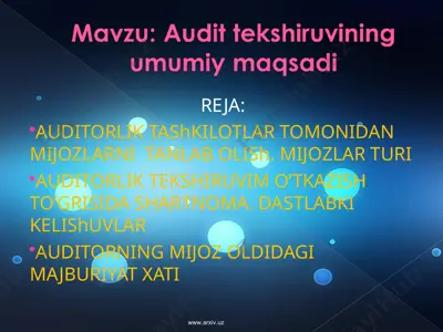 audit tekshiruvining umumiy maqsadi — PPT