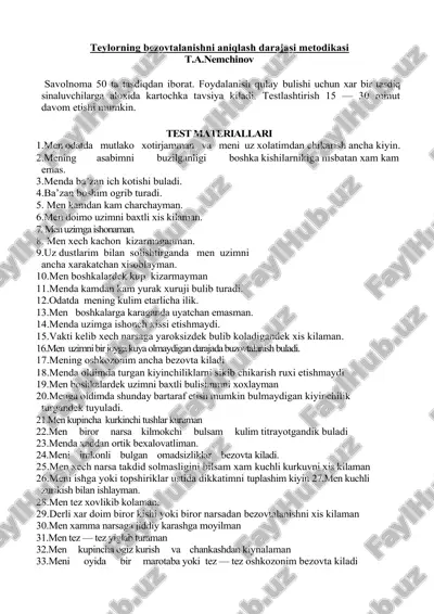 teylorning bezovtalanishni aniqlash darajasi metodikasi — DOCX